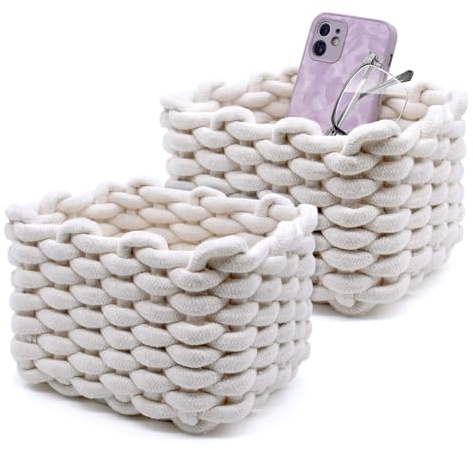 TETEWEVER 2 Stück Aufbewahrungskorb Geflochten Häkelkorb Quadrat 19×15×12cm | Klein Organizer Korb Aufbewahrungskörbe Baumwolle Strickkorb für Babyzimmer Wohnzimmer Schlafzimmer (Weiß)