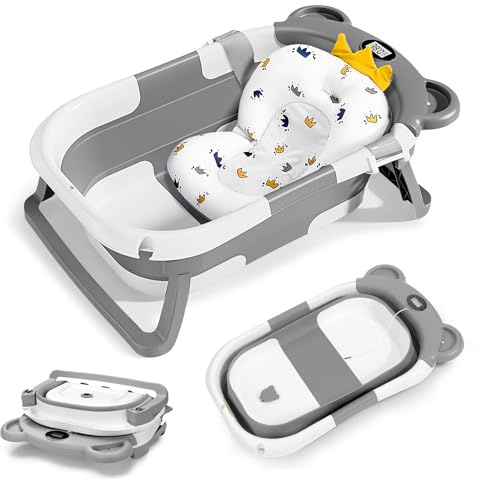 Faltbare Baby Badewanne mit Stützkissen & Badethermometer, Babywanne mit Sitzmatte für Neugeborene Kleinkinder, platzsparende Babybadewanne ab Geburt als Geburtsgeschenke (Grau)