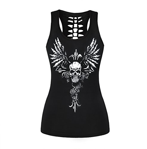 Womens Cut Out Skull Print Workout Yoga Tank Tops Sleeveless Summer T Shirt Vest (Skull Cross 019,L)