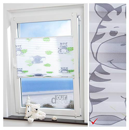 ourdeco® Plissee Motiv Hanni und Luc / 70 x 130 cm (Breite x Höhe) / Farbe: weiß mit Kindermotiv/lichtdurchlässig, Motiv für Kinder/Klemmen, Montage ohne zu Bohren, Klemmfix-Plissee