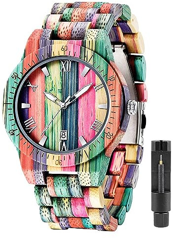 Tiong Brand Wooden Watches Mens with Handmade Colorful Bamboo Wood Watch Analog Date Quartz Wooden Watch for Men
