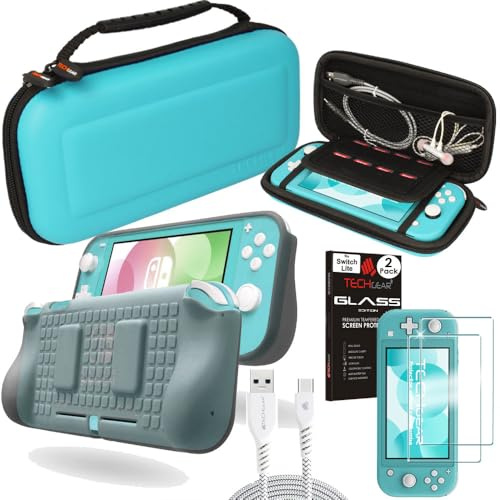 TECHGEAR Switch Lite Ensemble d'accessoires, Coque et protecteur d'écran pour Switch Lite, Housse de protection de transport & rangement, étui souple, 2x Verre trempé et 2m USB Câble [TURQUOISE]