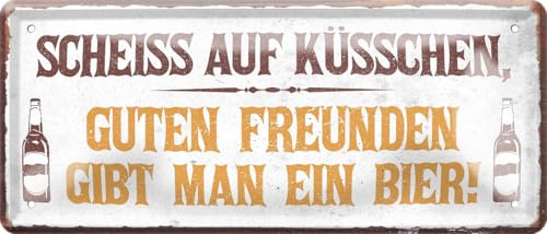 schilderkreis24 Blechschild 28×12 cm – Bier Spruch – Bar, Stammtisch & Partykeller (Scheiss auf Küsschen)