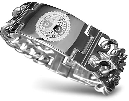 bahamut Mens Viking Odin Gungnir Stainless Steel Cool Cuban Chain Link Bracelet for Men,Norse Cuff Wristband Jewelry (Jormungand Yggdrasil)