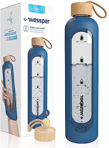 Wessper Borraccia in vetro borosilicato con indicazione del tempo, 1 l, ermetica con coperchio in bambù, 1 l, riutilizzabile, con custodia in silicone, colore: blu