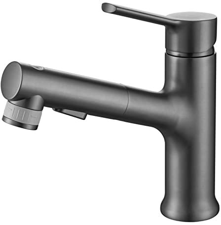 CAZARU Badarmatur mit ausziehbarer Brause, Waschbeckenarmatur, Einhand-Waschtischarmatur für heißes und kaltes Wasser, Messing-Waschtischarmatur, Metallgrau