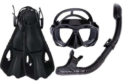 Schnorchelausrüstung für Erwachsene, 3-in-1-Schnorchelset mit Panorama-Tauchmaske, Anti-Beschlag- und Auslaufschutz, Dry-Top-Schnorchel, Flossen (schwarz, L/XL)