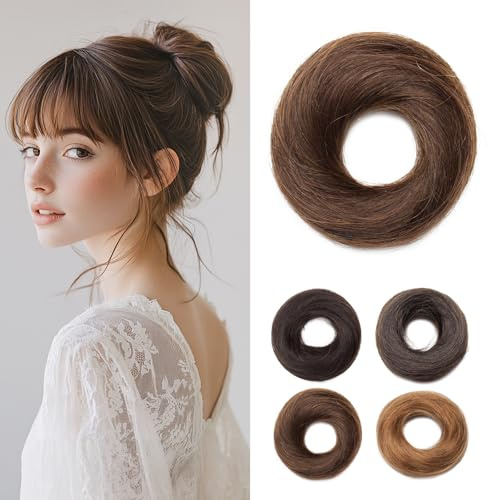 Rich Choices Hair Pieces for Women Messy Bun Real Human Hair Straight Updo Hair Bun Scrunchies Donut Bun Hair Extensions 17g #4 Medium Brown