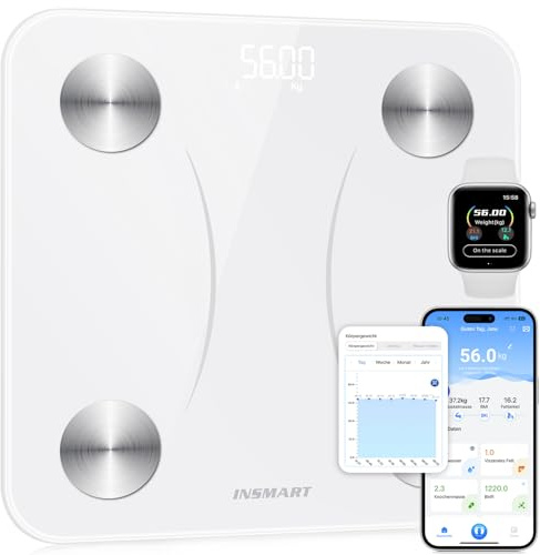 INSMART Personenwaage Digital, 30*30 cm Waage personen mit Bluetooth, Körperfettwaage für BMI, Gewicht, Körperfett, Pulsschlag, Muskelmasse, Wasser, Protein, Skelettmuskel, Knochengewicht, BMR, usw.