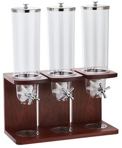 IUokLU 10.5L Dry Food Dispenser Triple Heads Cereal Dispenser Countertop Cereal Containers Storage Dispenser with PC Barrel and Wood Base for Rice Candy Bean Nuts，
