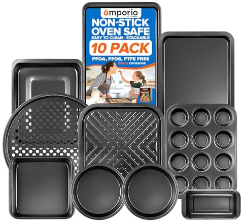 Emporio Kitchen Stapelbares Backformen-Set – Antihaftbeschichtung, Karbonstahl-Backformen-Sets, PFOA, PFOS, PTFE-frei, Rezeptheft im Lieferumfang enthalten, ofenfestes Blech (bis zu 230 °C), 10 Stück,