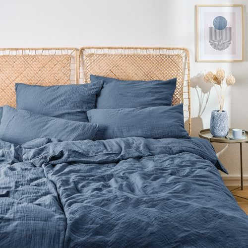 Blumtal Linge de lit 200x200cm 2X 80x80cm - Oeko-TEX certifié Linge de lit Coton - Housse de Couette + taie d'oreiller 200x200cm 2X 80x80cm - Bleu