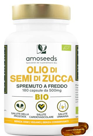 Olio di Semi di Zucca BIO | Prostata, Salute urinaria | Olio spremuto a freddo | 180 capsule vegetali, vegan | Qualità Superiore