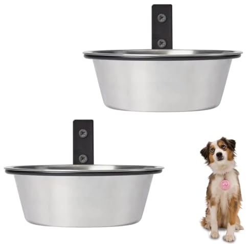 Set med 2 väggmonterade hundmatsskålar i rostfritt stål att hänga - Förhöjda och hopfällbara skålar för mat och vatten - För husdjur, katt, präriehund (17,5 x 6 cm)