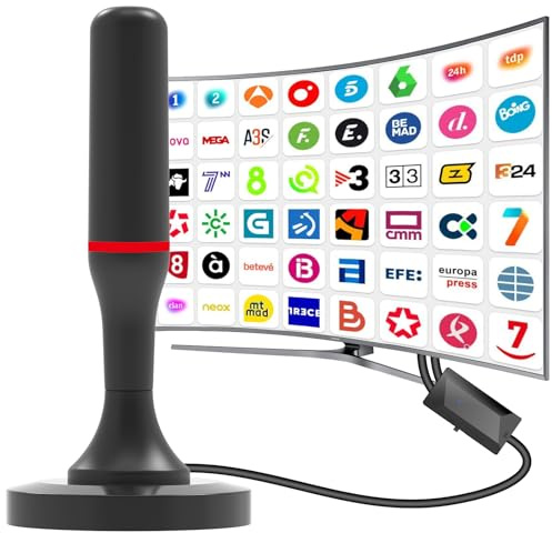 Antena TV Interior,Antena de televisión Inteligente 460KM en recepción 360° Base magnética Resistente para, fácil instalación,admite Canales 4K/1080P, Puede Recibir señales DVB-T2 DVB-T