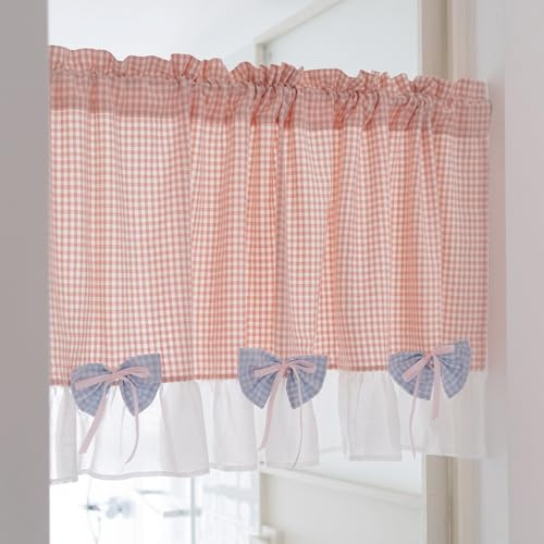Cortina de cocina a cuadros de algodón con bonito lazo rosa, cenefa de café, cortinas pequeñas con bolsillo para barra, cortinas decorativas a cuadros para dormitorio, baño, comedor, balcón (#1,140 x