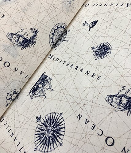 Stoff mit maritimem Marinekarten-Druck, Vorhang-Polstermaterial, 280 cm extra breit, Ozean-Anker-Kompas (Meterware)