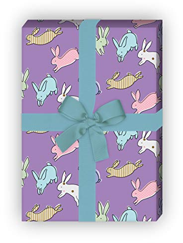 Kartenkaufrausch Fröhliches lila Geschenkpapier Set mit Hasen Kaninchen als lustige Geschenkverpackung um schön zu schenken, 32 x 48cm zu Ostern, Geburtstag