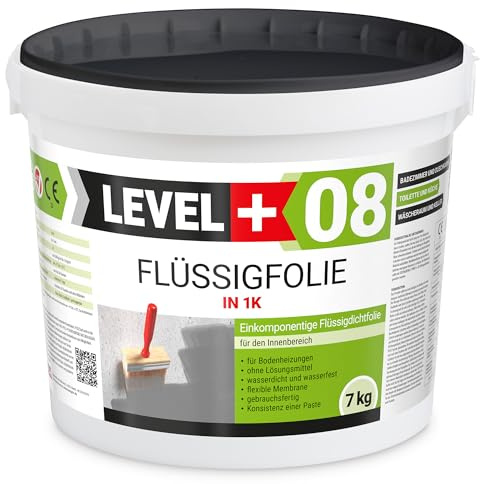 Level + 08 Flüssigfolie für Bad, Dusche & Küche – Dichtfolie unter Fliesen | auf Beton, Putz & Estrich – Wasserdichte Verbundabdichtung für Innenräume – Gebrauchsfertig und Elastisch – 7 kg