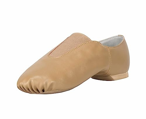 Linodes Unisex PU Leather Upper Slip-on Jazz Shoe with Up Elastic for Women and Men's Dance Shoes-BROWN-6M