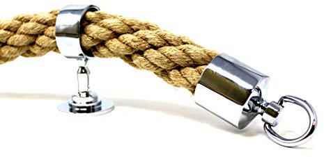 Seilflechter - Handlauf Seil Set, 5m Hanfseil in Kabelschlag Ø 34 mm, 2 Endkappen und 5 Zwischenträgern, Messing verchromt