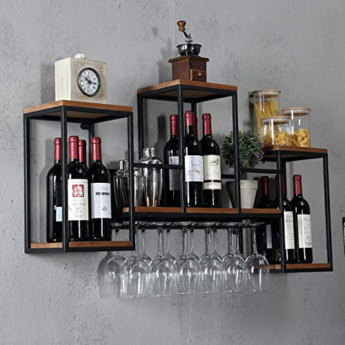 Fetcoi Weinregal Wand Weinflaschenhalter Wandregal Flaschenregal Holz Metall Weinständer mit Weinglashalter, Wine Rack Weinhalter Deko Regal, Traggewicht 30kg