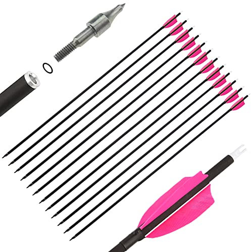 SHARROW 12P Carbonpfeile 32 Zoll Carbon Pfeile für Bogenschießen Spine 500 Carbon Pfeile Carbon Jagdpfeile mit 3 Zoll Natürliche Federn Pfeile für Recurvebogen Compoundbogen (Rosa)