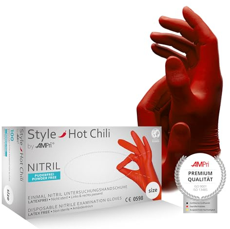 AMPRI Nitrilhandschuhe, rot, 100 Stück/Box, Größe XL, puderfrei, Style Hot Chili by Med-Comfort: Nitril Einmalhandschuhe, Einweghandschuhe in den Größen XS, S, M, L, XL