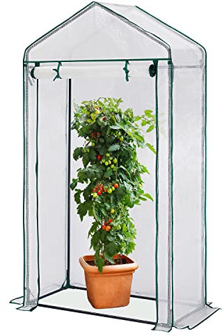 Quictent Foliengewächshaus 190 x 100 x 50 cm Tomatengewächshaus mit Spitzdach, Tomatenhaus mit aufrollbare Türen für Gemüse, Obst, Blumen, Garten, Balkon, Weiß
