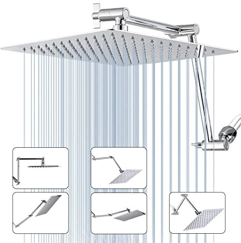 PDPBath 30,5 cm Regenduschkopf mit 40,6 cm flexiblem Verlängerungsarm, 304 Edelstahl, Hochdruck-Regenduschkopf, quadratischer Wasserfall-Duschkopf mit Verlängerung – Chrom