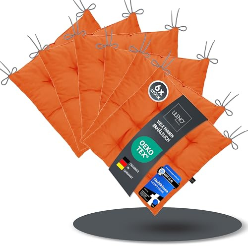 LILENO HOME 6er Set Stuhlkissen 06 Orange (40x40x6 cm) - Sitzkissen für | Garten, Küche oder Esszimmer - UV-beständige indoor u. outdoor Stuhlauflage als Stuhl-Kissen (Linda FUM)
