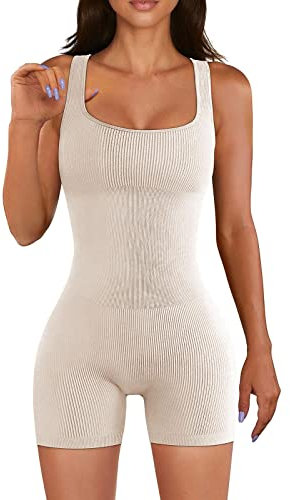 Yoga Jumpsuit Damen Kurz - Gerippter Overall Damen Eng Sport Jumpsuit Sexy Ärmellose Figurformende Einteiliger Hose Body Shape Bodybuilding Gym Fitness Trendige Streetwear Jumpsuits für Damen