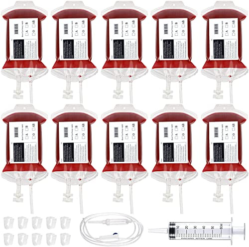 KITRDOOR 10 Stück Blutbeutel für Getränke, Halloween-Party, Wiederverwendbare Blutbeutel Getränkebehälter mit Infusionsschlauch Spritze Clips Blutart Aufkleber für Halloween, Zombie-Party Erwachsene