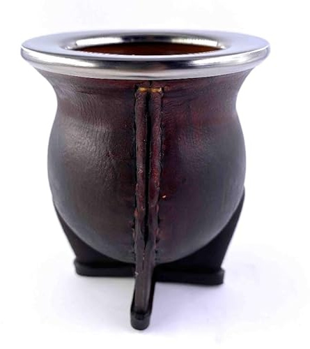 YVY Maté Calebasse maté Camionero Céramique | Calebasse artisanale environ 200 ml | Cerclage en acier inoxydable | Fabriquée à la main en Uruguay | Cuir lisse couleur ocre
