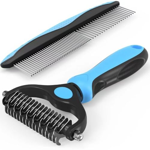 Dematting Comb for Dog and Cat Pet Grooming Rake and Brushes for Small for Small Medium Large Dogs 17+9 Double Sided Deshedding Tool Removes Knots and Tangled Hair (Blue)