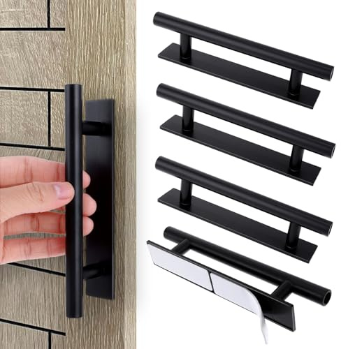 Piriuuo 4 Pack Adhesive Cabinet Handles, Self Stick Door Handles ABS Plastic Push Peel and Stick Helper Drawer Pull Wardrobe Handle Furniture Handles, Black