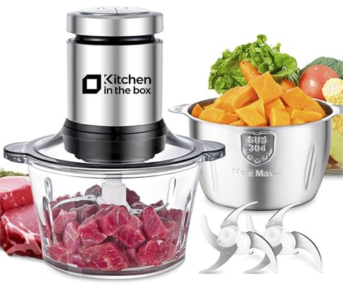 Kitchen in the box Tritatutto 2L con 2 Ciotole,Frullatore con 2 Set di 4 Lame in Acciaio inox,Tritatutto Elettrico a 2 Velocità per Verdure,Carne,Frutta Secca,400W