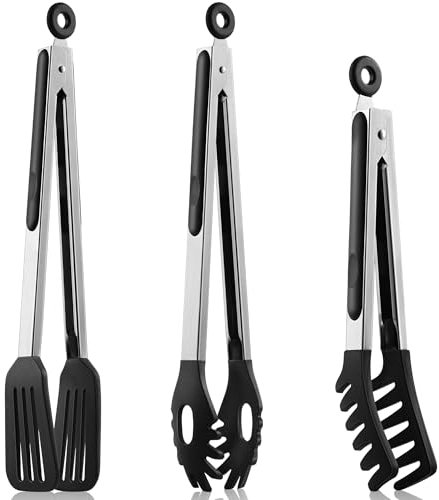 3 PCS Kitchen Tongs for Cooking, 9 & 12-Inch Silicone Tong Heat Resistant Pasta Tong Stainless Steel Spaghetti Tongs with Silicone Tips for Serving Food, Spaghetti, Pasta, BBQ, Salad (3PCS)