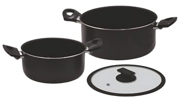 Wintem Set 2 Casseruole Alluminio con Coperchio in Vetro 20/24 cm Nero - Manici Ergonomici per Presa Sicura e Comoda - Fondo Antiscivolo e Rivestimento Antiaderente - Coperchio con Bordo in Silicone