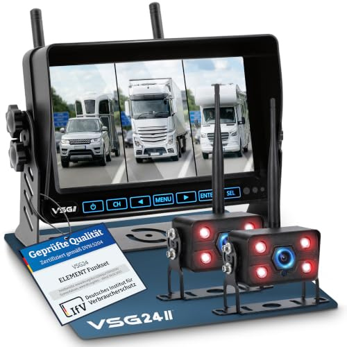 VSG24 Element Wired PRO HD 2 robuste Kameras Rückfahrkamera Set kabellos – 7 Monitor, Splitscreen, 25 m Funkreichweite, IP68 Nachtsicht, 12V/24V