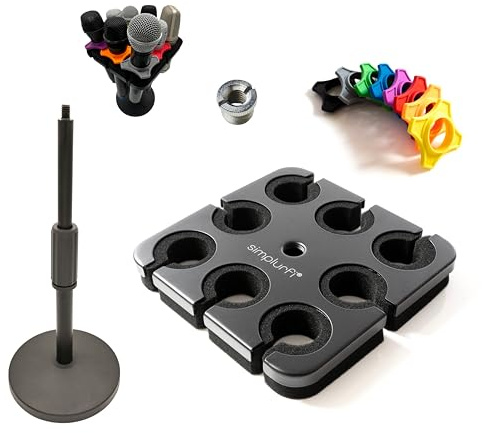 Simplurfi Multi-Mikrofonhalter mit Desktop-Mikrofonständer – quadratischer Tablett-Aufsatz hält bis zu 8 Mikrofone auf der Bühne und Display – 8 Anti-Roll-Ringe im Lieferumfang enthalten