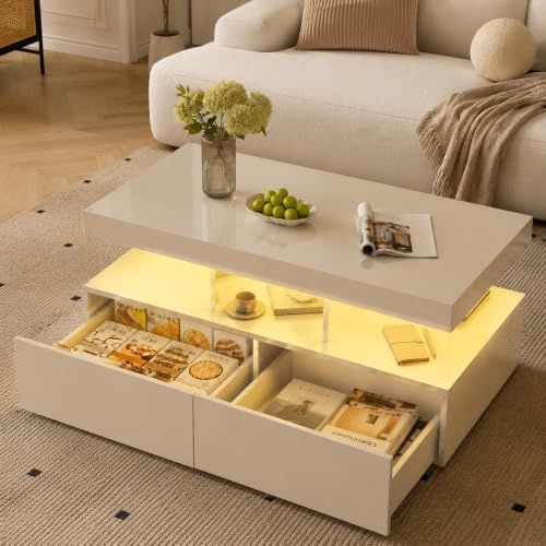 Plcnn Table Basse avec Lumières LED, Table Basse Salon avec 2 Tiroirs et Compartiment Ouvert, Table Basses Laquée pour Salon, Bureau, Salle,104x53x46 cm (Blanc)