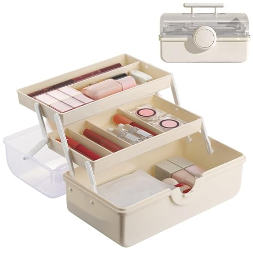3 Regal Mehrzweck Aufbewahrungsbox 28CM，Bastelbox mit Drehverschluss Gegen Öffnen, NähkastenSortierbox,Organizer Box,Mehrzweckbox für Nähutensilien, Medikamente, Angelarbeiten, Kosmetik, Cremeweiß