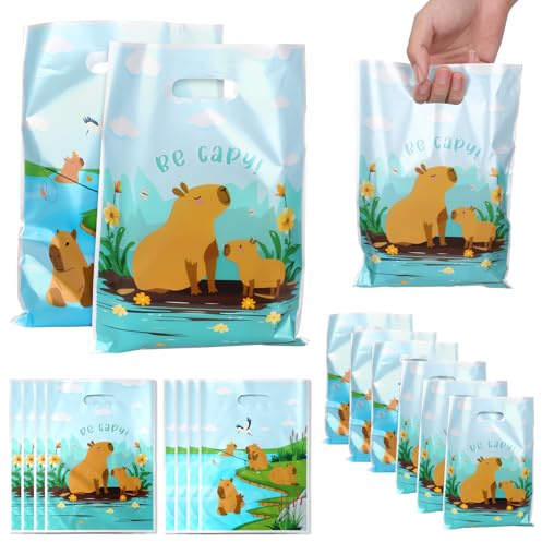 BOXOB 50pcs Sacs Cadeaux en Plastique Colorés et Mignons Sur le Thème du Capybara avec Poignées pour Fête Prénatale Anniversaire Garçons et Filles