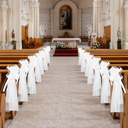Satinband Satz von 8 großen Hochzeit Pew Bögen mit langen Tüll Schwänze Kirche Stuhl Gang Dekorationen Hochzeit Auto Dekoration große Bögen für Brautdusche Empfang Geburtstag (Weiß)