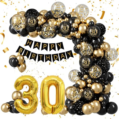 XTQFH Black Gold Birthday Decoration Set,30th Happy Birthday Banner, Number 30 Balloons, Happy Birthday Party Decorations for Men Women