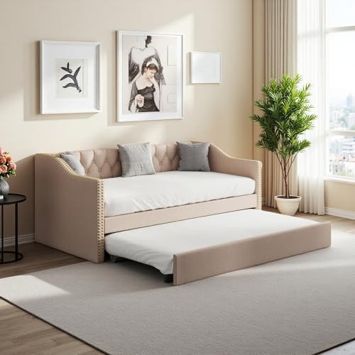 SUNFECILI Stylisches Tagesbett, Polsterbett,Jugendbett 90x200cm, ausziehbares Funktionsbett aus strapazierfähigem Leinenstoff, Ideal für Kinder- und Jugendzimmer,Gästebett für Kinderzimmer (Beige-D)