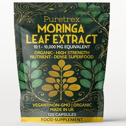 Puretrex Moringa Leaf Extract 10,000mg | 120 Vegan Capsules | Organic, Non-GMO | High Strength Superfood Supplement | Made in UK | Natural Energy & Immunity Support