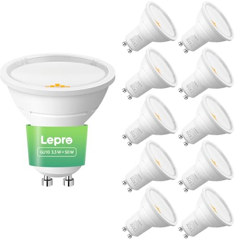 Lepro GU10 LED Bulbs A Rated, Warm White 2700K, 590LM,3.3W (50W Equivalent) | 100° Wide Beam Angle, 50000H Long Life, Energy Saving LED Spotlight Bulb for Ceiling, Recessed Lights,Non-Dimmable,Pack of 10