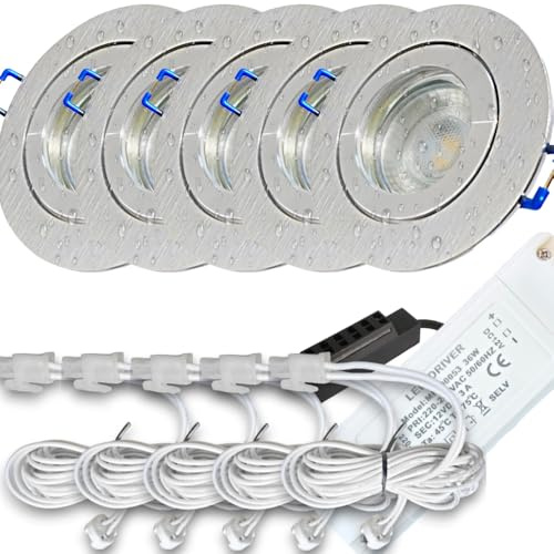 Rolux 5er Set LED Einbauleuchten 12V inkl. Trafo – IP44 für Bad & Küche – 3W 250lm 4000K Neutralweiß – Aluminium gebürstet mit Chromring – Ø 60–68 mm, 55 mm Einbautiefe – 120 cm AMP-Kabel je Spot
